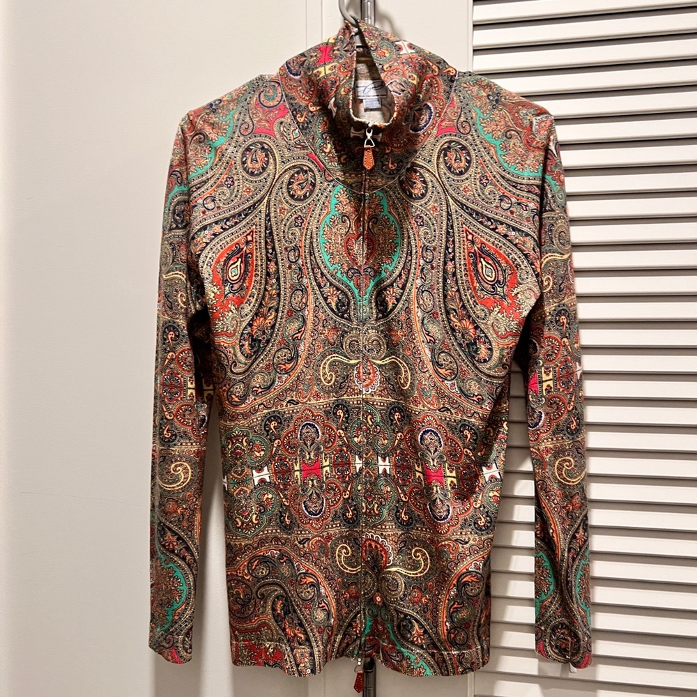 Brown and Tan Zip-up cardigan with Paisley Pattern. Maybe in Italy